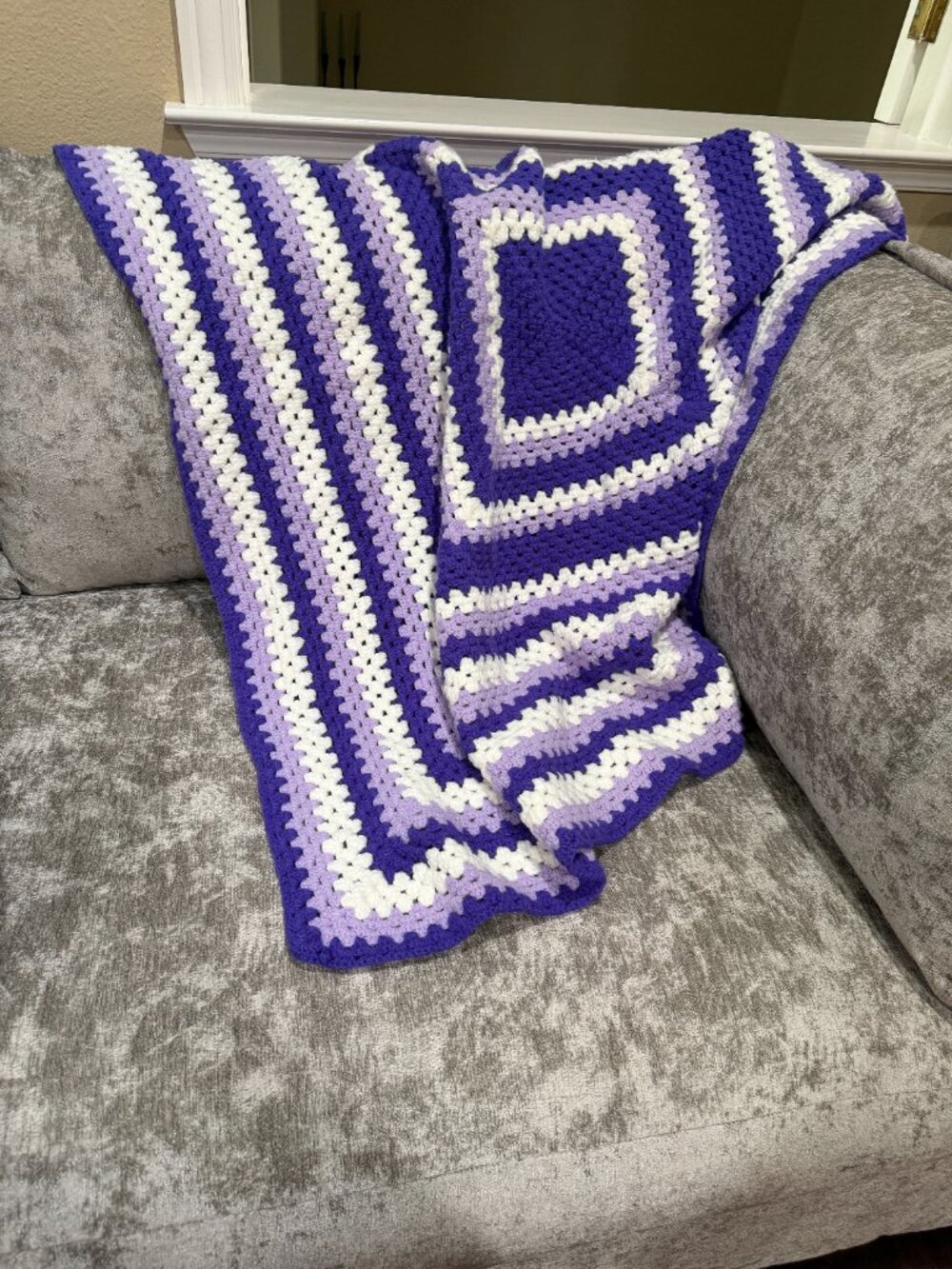 Vintage Handmade Crochet Crocheted Baby Blanket Approximately 4 ft square Purple